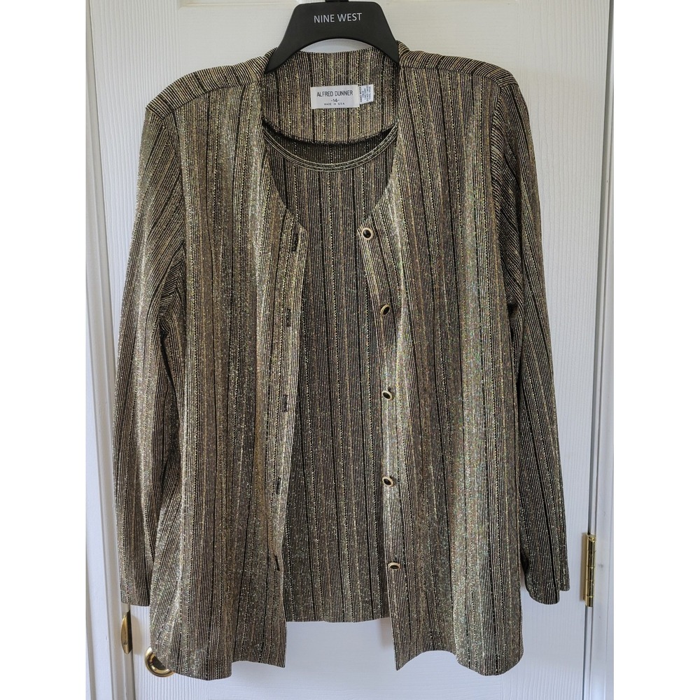 Alfred Dunner Top Cardigan Size 14 Long Sleeve Sweater Gold Black Knit Stretch
